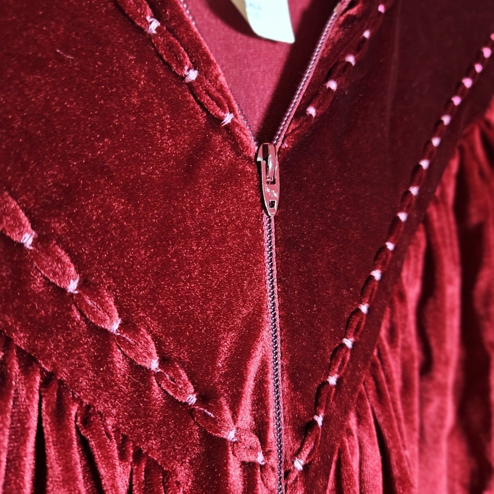 Vintage JCPenney Misses Robe Burgundy Velvet Zip Up Loungedress 80s Small 8-10 - Picture 3 of 7